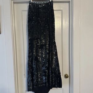 Sherri Hill Skirt Womens 4 Black Sequin Sequence Blue Bead Trim Maxi Slit NEW